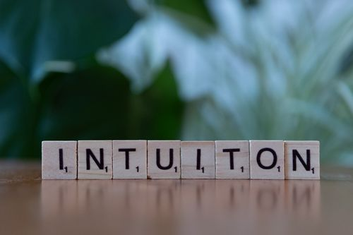 Wooden scrabble tiles spelling the word intuition on a reflective surface with green foliage in background.