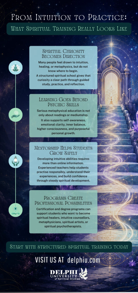 Infographic for Delphi University of Spiritual Studies explaining how structured spiritual training helps turn intuition into practice through guided study, metaphysical education, mentorship, and professional spiritual development programs.