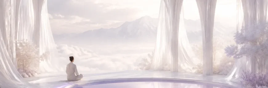 A person meditating in a luminous white sanctuary overlooking pale mountains and a violet reflecting pool.
