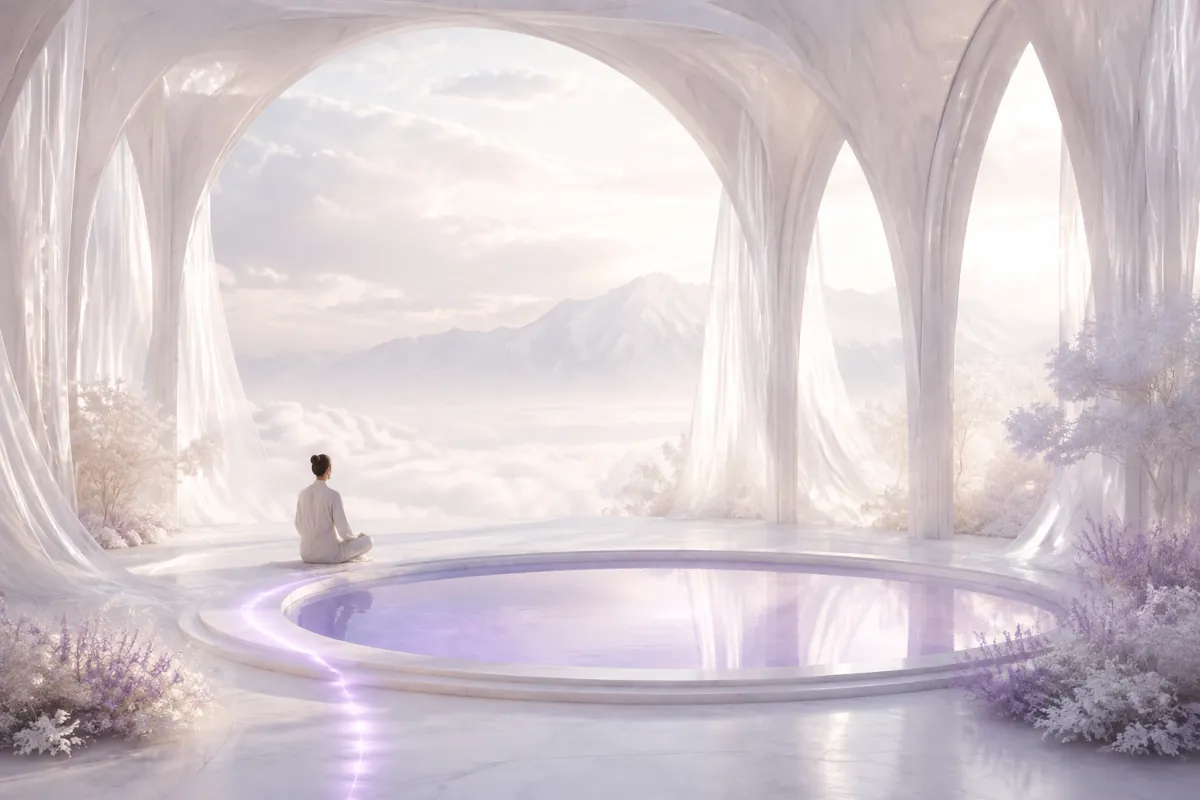 A person meditating in a luminous white sanctuary overlooking pale mountains and a violet reflecting pool.