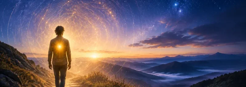 A person walking toward a luminous mountain horizon as golden light expands into the star-filled sky.