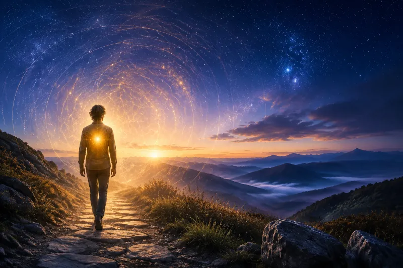 A person walking toward a luminous mountain horizon as golden light expands into the star-filled sky.