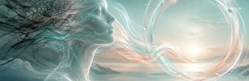A translucent human profile with tangled dark strands transforming into flowing teal, pearl, and coral light.