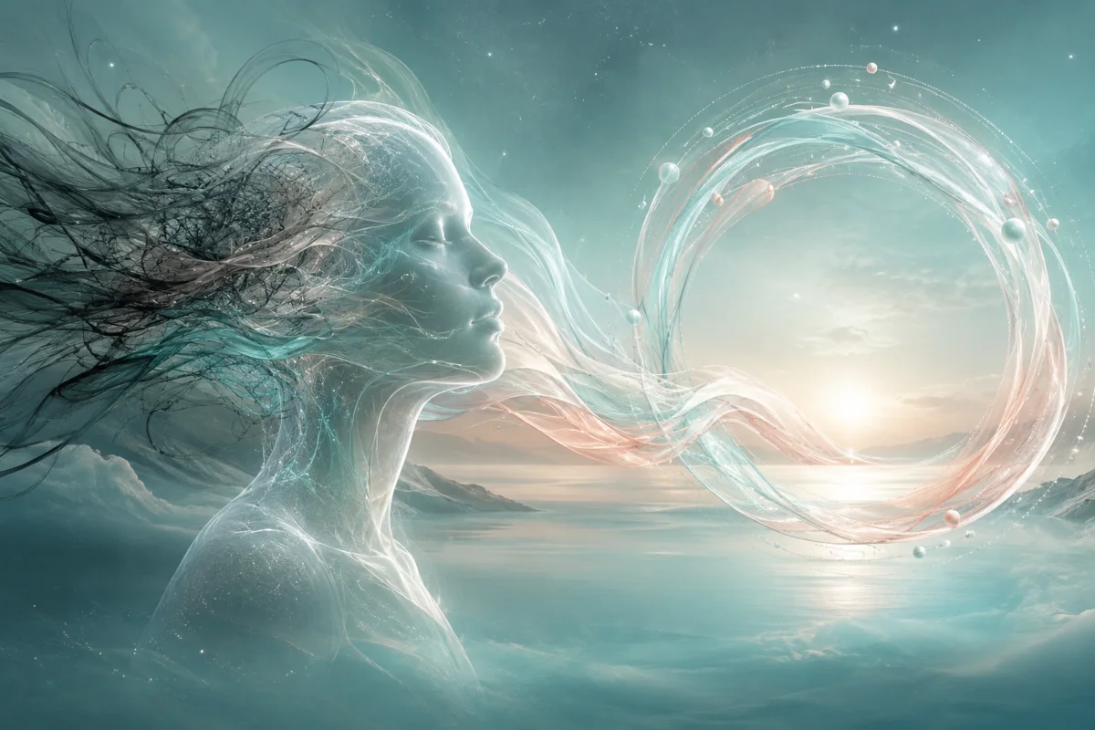 A translucent human profile with tangled dark strands transforming into flowing teal, pearl, and coral light.