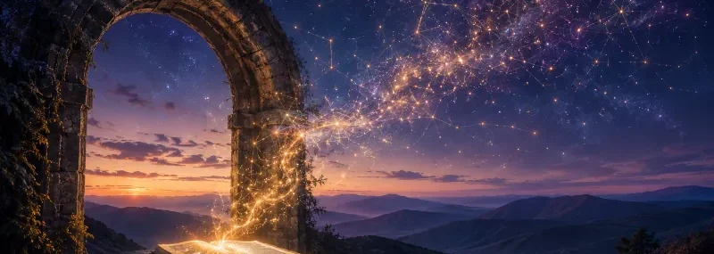 An illuminated book beneath an ancient stone arch, with golden constellations extending across a star-filled mountain sky.