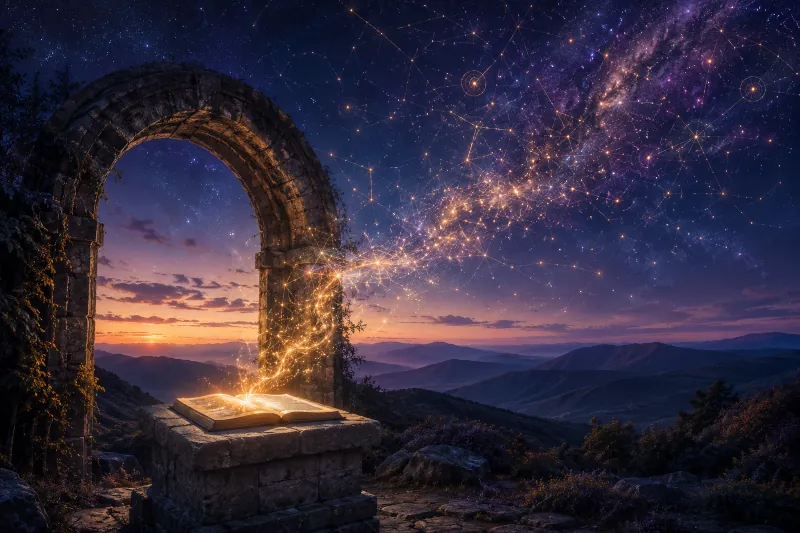 An illuminated book beneath an ancient stone arch, with golden constellations extending across a star-filled mountain sky.