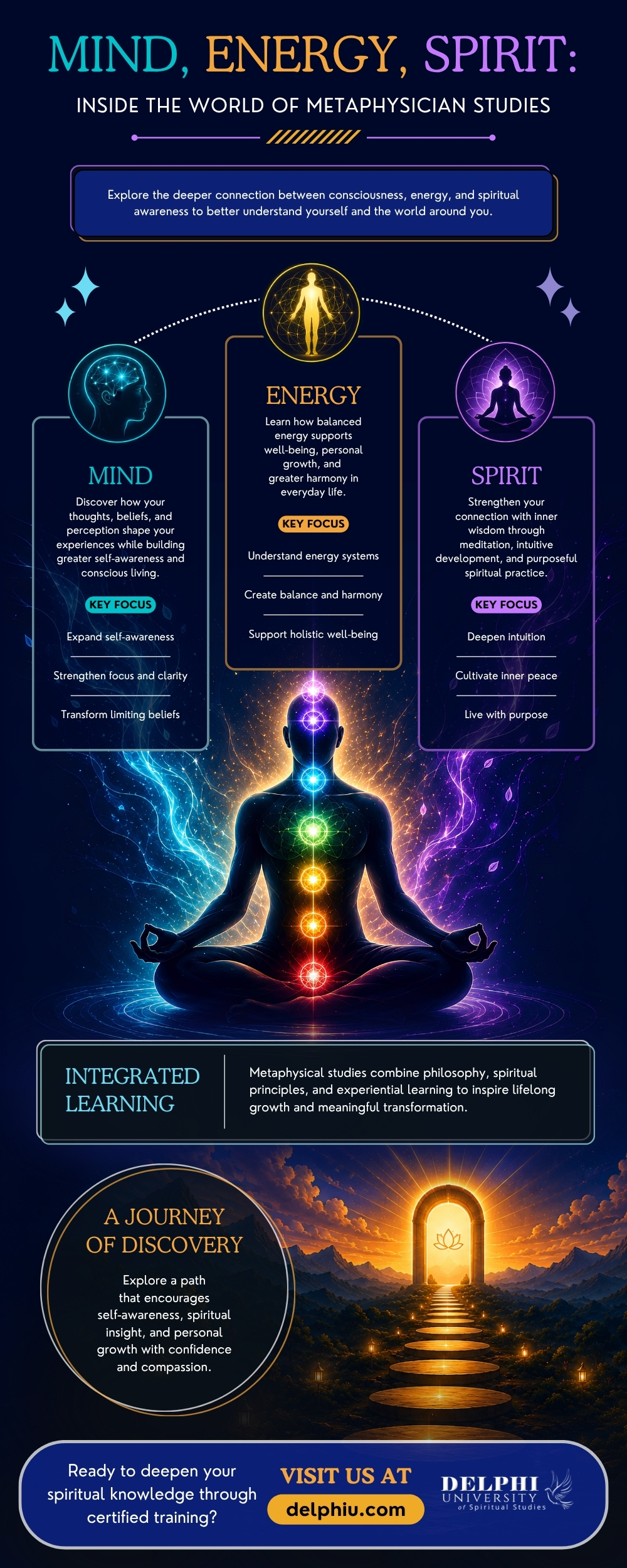 Vertical infographic titled “Mind, Energy, Spirit: Inside the World of Metaphysician Studies” highlighting the relationship between consciousness, energy, and spiritual awareness through sections on mind, energy, spirit, integrated learning, and personal growth with symbolic meditation and pathway illustrations.